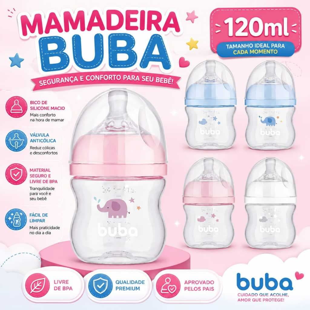 Mamadeira Bebe Buba120 Ml  Bico De Silicone Macio Valvula Anticólica Material Seguro Mamadeira Bebe