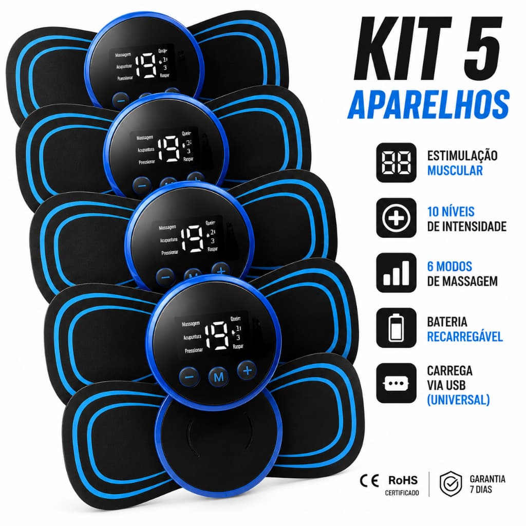 Massageador Muscular EMS Elétrico Recarregável USB – Kit com 5 Unidades