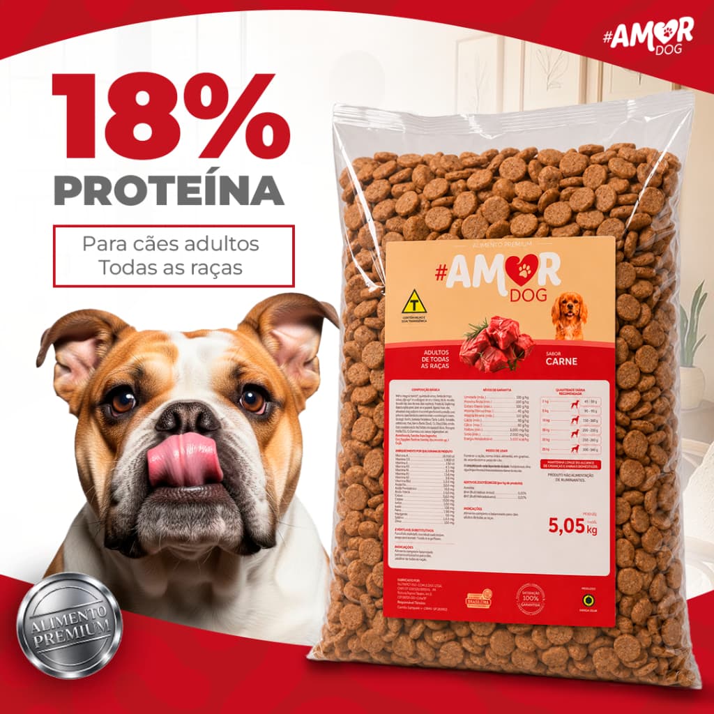 Ração 5kg Cachorro Adulto Todas as Raças Amor Dog Sabor Carne Nível de Proteína 18%