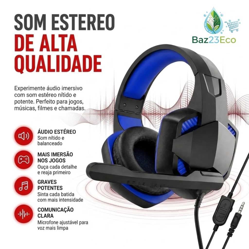 Headset Gamer Lehmox Com Microfone P2 3.5mm PS4 PS5 Xbox One PC Notebook Controle de Volume Fone Gamer Azul Vermelho