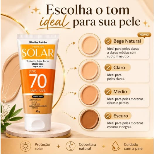 Protetor Solar Facial Cor De Base FPS 70 Abelha Rainha Com Vitamina E e DMAE Rainha Solar