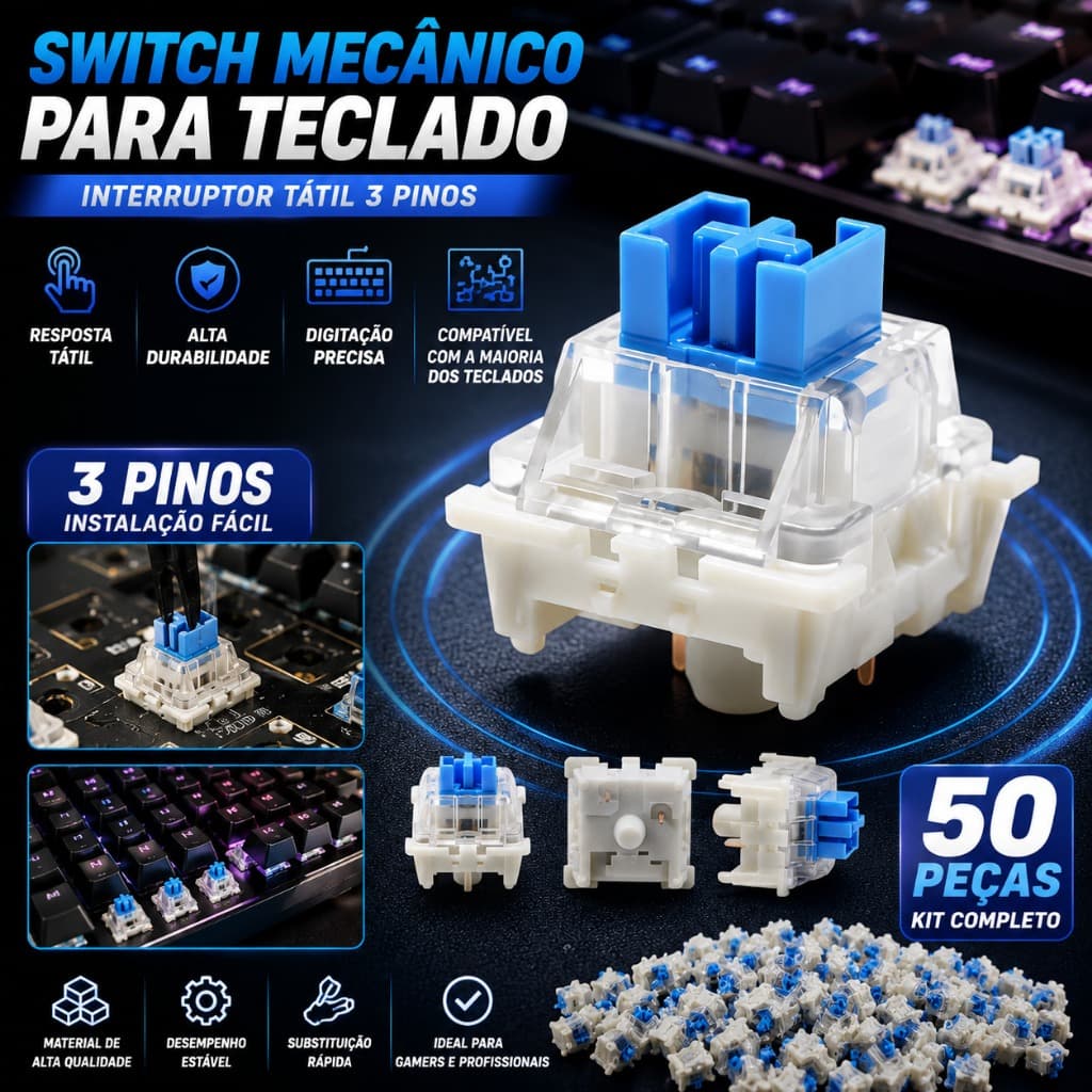 Kit 50 Switch Teclado Mecânico 3 Pinos Gamer Reposição Alta Durabilidade Compatível Hot Swap