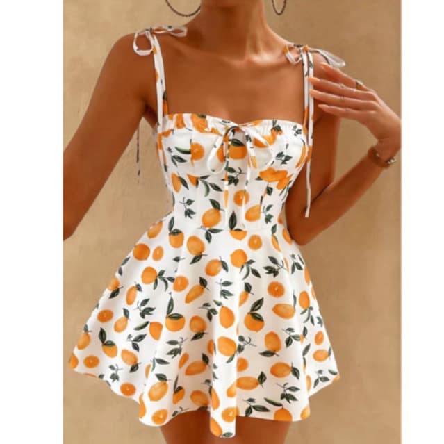 Vestido Feminino de Alças para Praia — Estampa de Limões Vestido de Férias Vestido com Estampa de Frutas