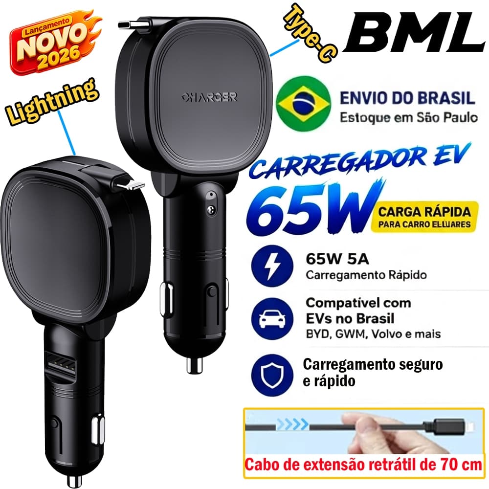 Carregador de Carro Retrátil  |Tipo C USB 180° Ajustável |Cabo Retrátil 70CM | PD3.0 120W Carregador rápido Veicular