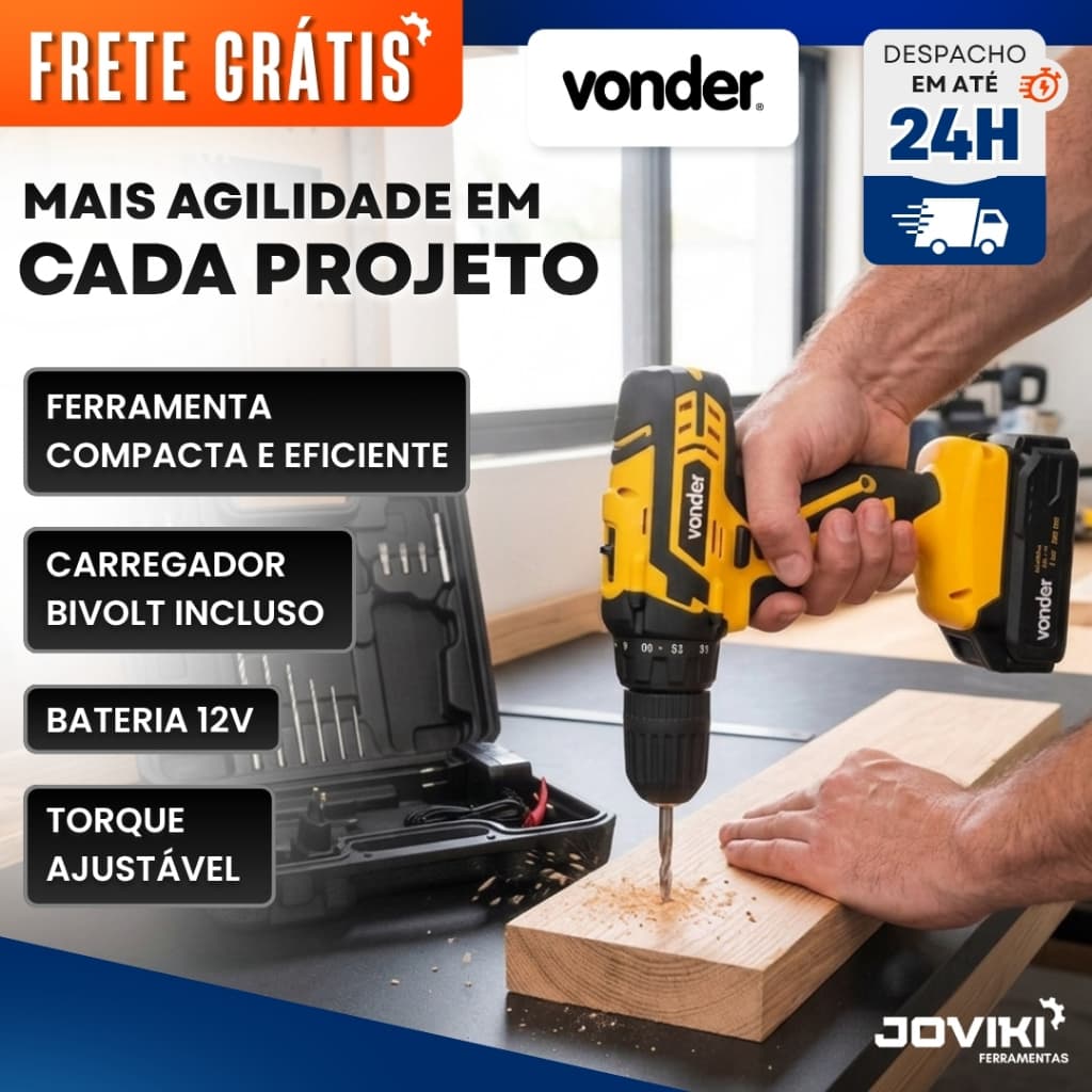 Furadeira e Parafusadeira à Bateria 12V BIVOLT PFV 012 com Kit Brocas, Bits e Trena VONDER