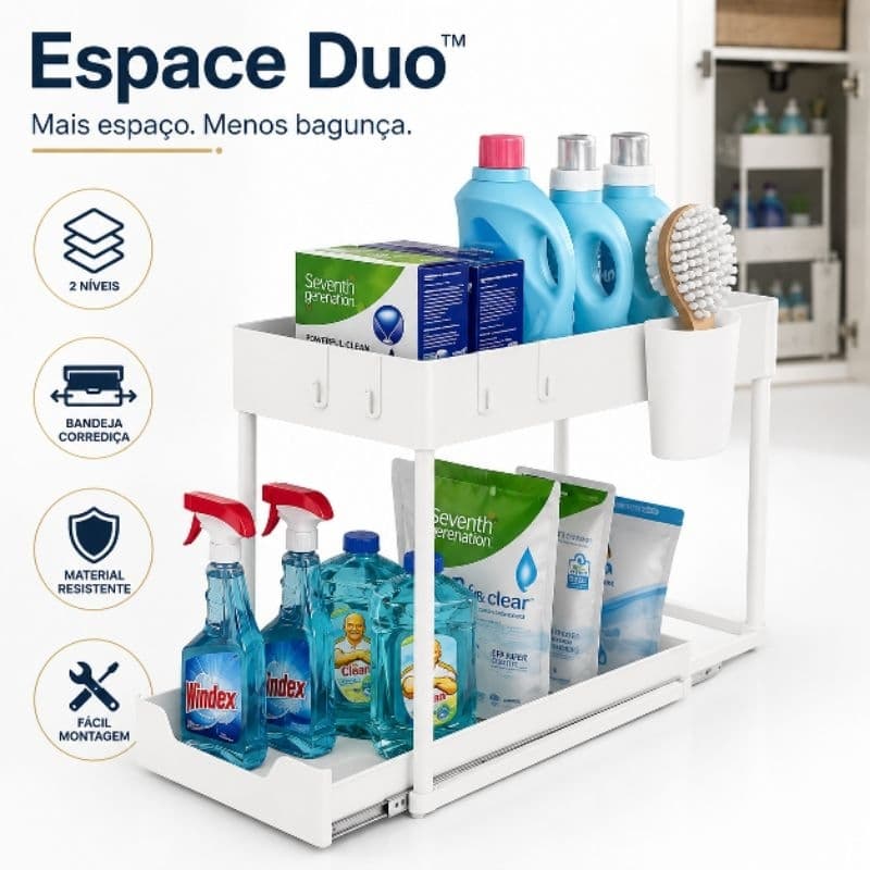 Organizador Multiuso 2 Níveis Espace Duo™ com Bandeja Corrediça para Armário Cozinha Banheiro Lavanderia Branco
