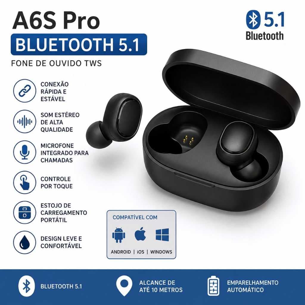 fone bluetooth fone de ouvido carregador portátil A6S TWS com baixa latência microfone Integrado Intra