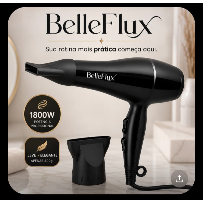 Secador de Cabelo Profissional BelleFlux 1800W 127V Leve com Bico Direcionador Preto