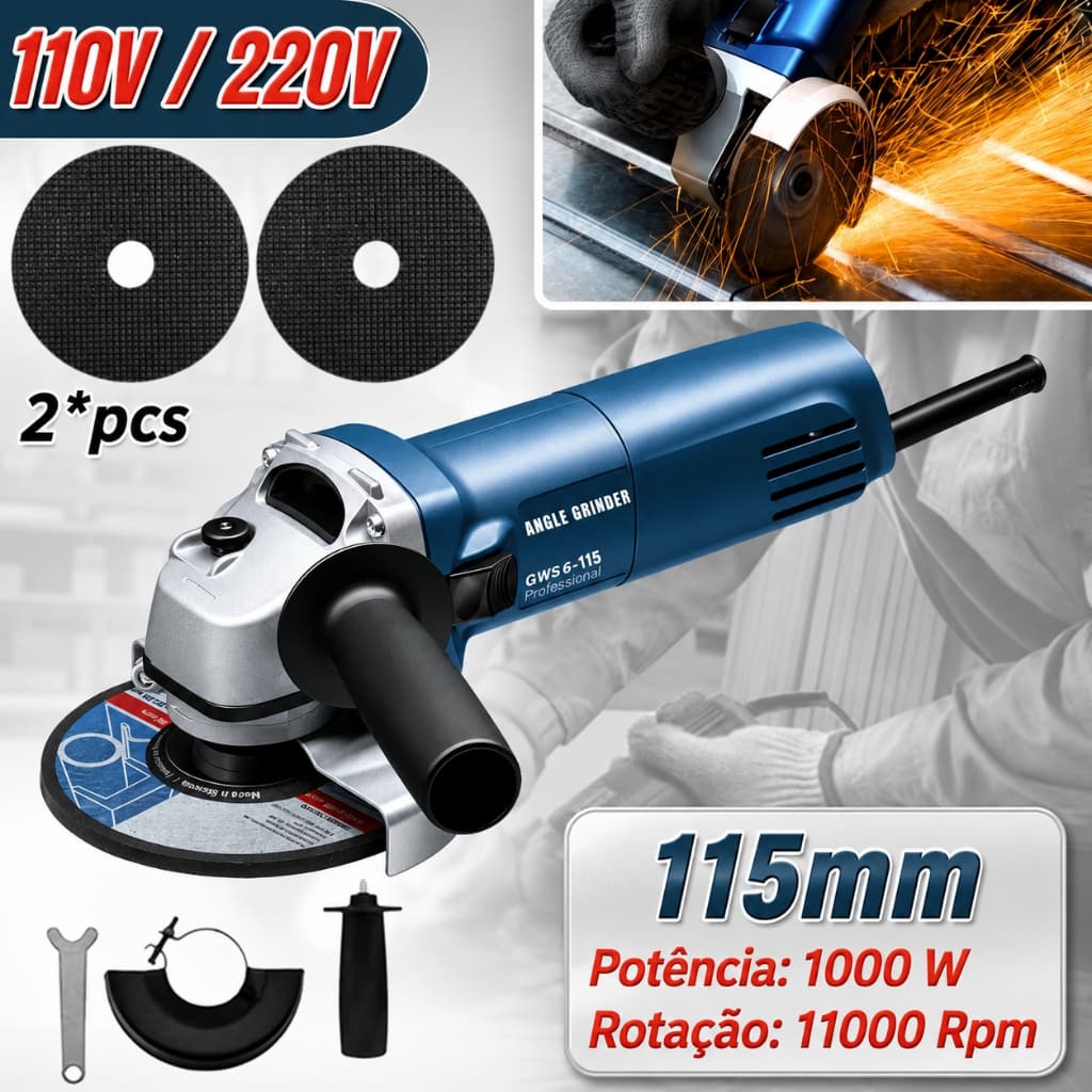 1000W Esmerilhadeira Lixadeira Angular 115mm 11000rpm Dupla Voltagem 110V 220V