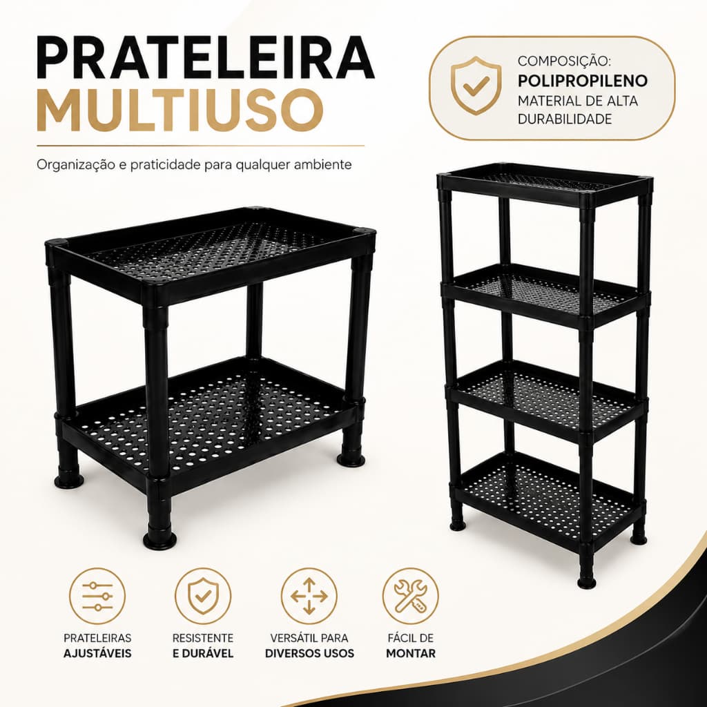 Kit Estante Organizadora Modular Multiuso 2 ou 4 Prateleiras Plástico Reforçado para Cozinha, Banheiro, Quarto