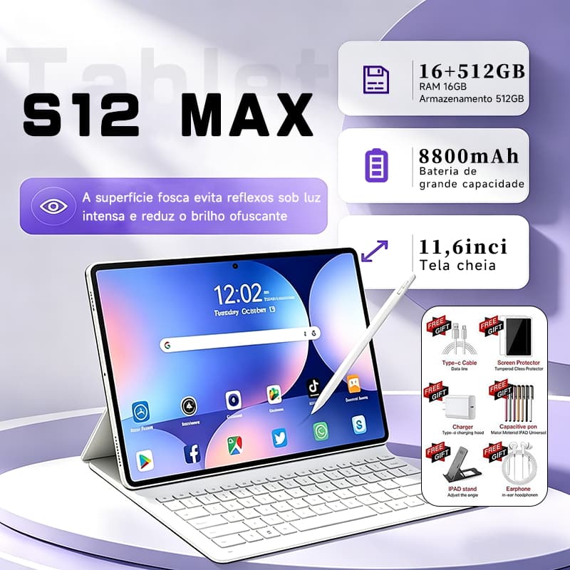 Tablet S12 MAX 11,6" Full HD | 12GB RAM + 512GB ROM | Android 15 com IA | Bateria 8800mAh | Processador MTK6799 | Wi-Fi