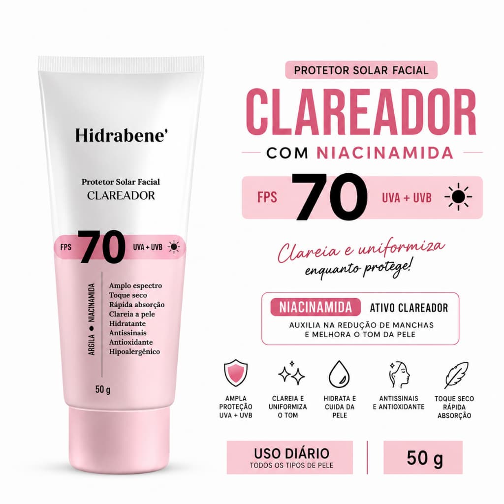 Protetor Solar Facial Hidrabene Clareador FPS 70 Antissinais Clareia a pele Toque Seco 50g