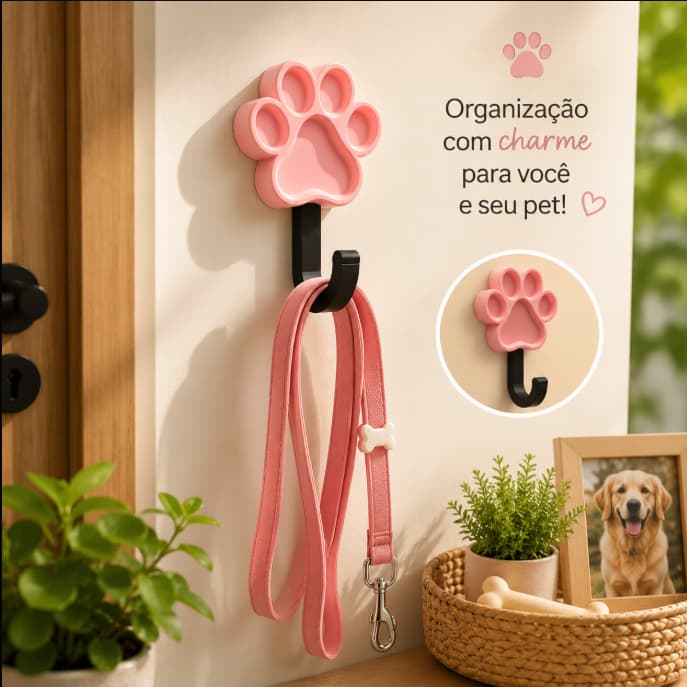 Gancho Porta Guia e Coleira de Cachorro Patinha Pet Suporte de Parede Organizador