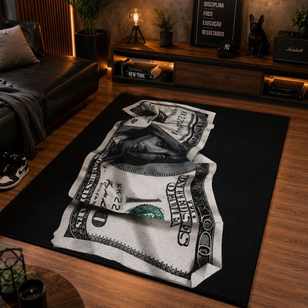 Tapete Decorativo Dólar 118x70cm Antiderrapante Sala, Quarto e Escritório Drip