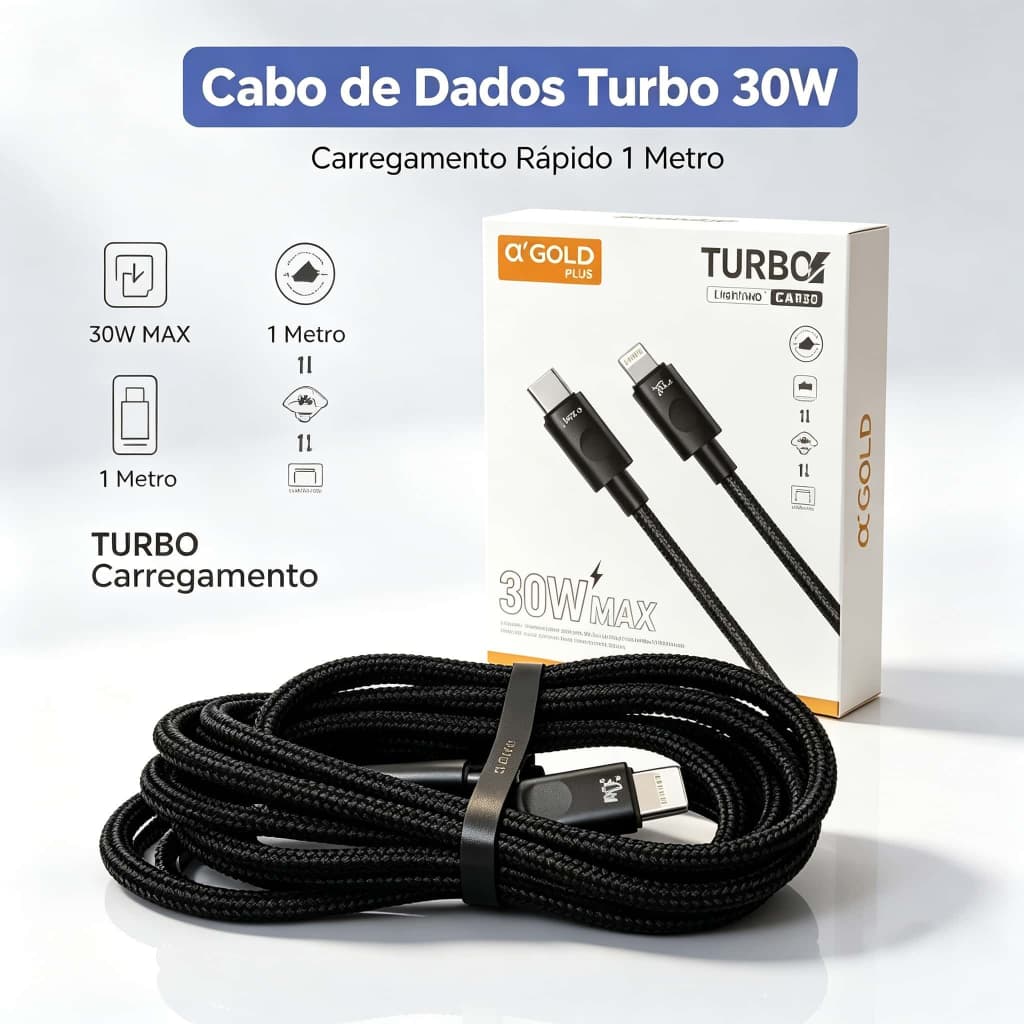 Cabo A'Gold Lightning para iPhone 30W USB-C 1m - Turbo Carregamento Rápido, Nylon Reforçado e Conector Durável