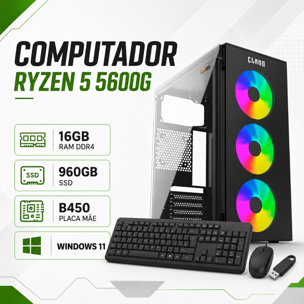 Computador PC Ryzen 5600G - 16GB de RAM - SSD 960GB - Periféricos - Windows 11