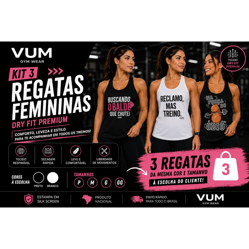 Kit 3 Regatas Femininas Academia Dry Fit Fitness Treino Musculação VUM