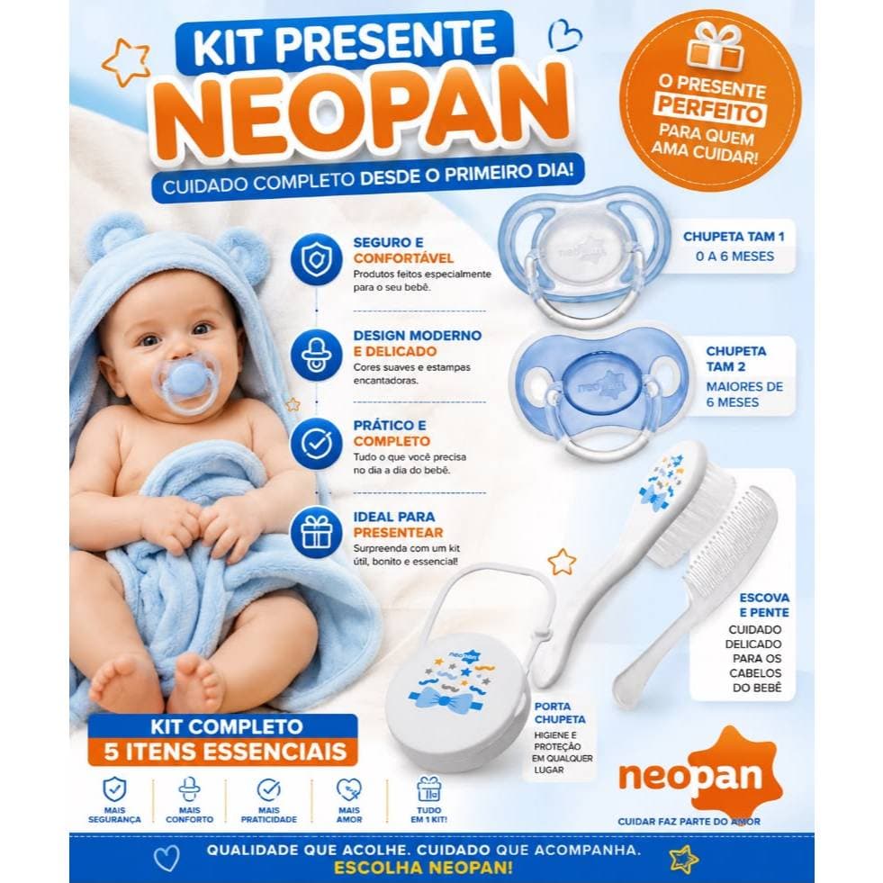 Kit Neopan laço azul chupeta tam 1 + chupeta tam 2 + porta chupeta + escova e pente