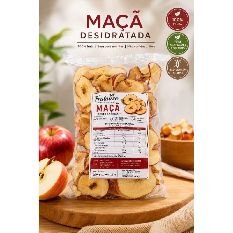 Maçã Desidratada 100g 100% Natural Sem Açúcar | Snack Saudável | Frutalize