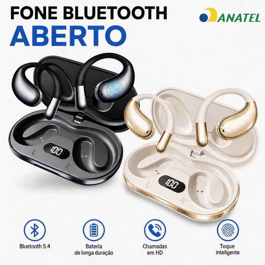 Fone Bluetooth 5.4 de Bateria Display Digital Gancho Ergonômico Aberto Resistente à Água D68