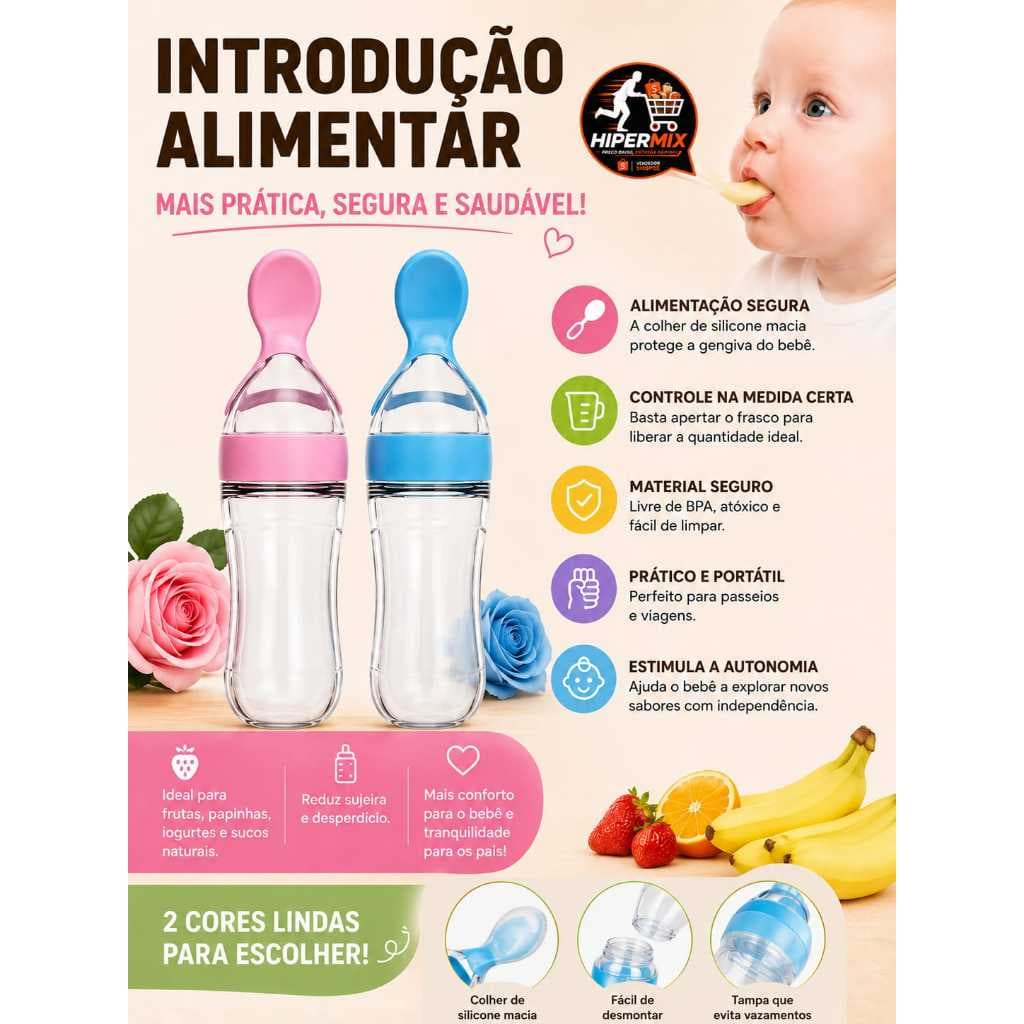 Kit Introdução Alimentar Mamadeira  Colher para Papinha 90ml e Chupeta Porta Frutas e Mordedor