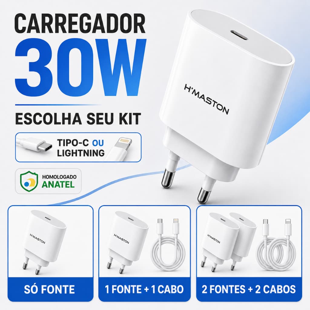 Carregador de Carregamento Turbo 30w Fonte 3A Carregar Celular Tipo-C Lightning Iphone Rapido