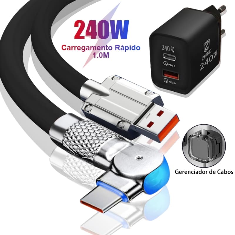 Kit Cabo Carregador Carregamento Rápido Tipo C V8 LED Rotativo 180° Com GaN Adaptador e Organizador Para Samsung Xiaomi