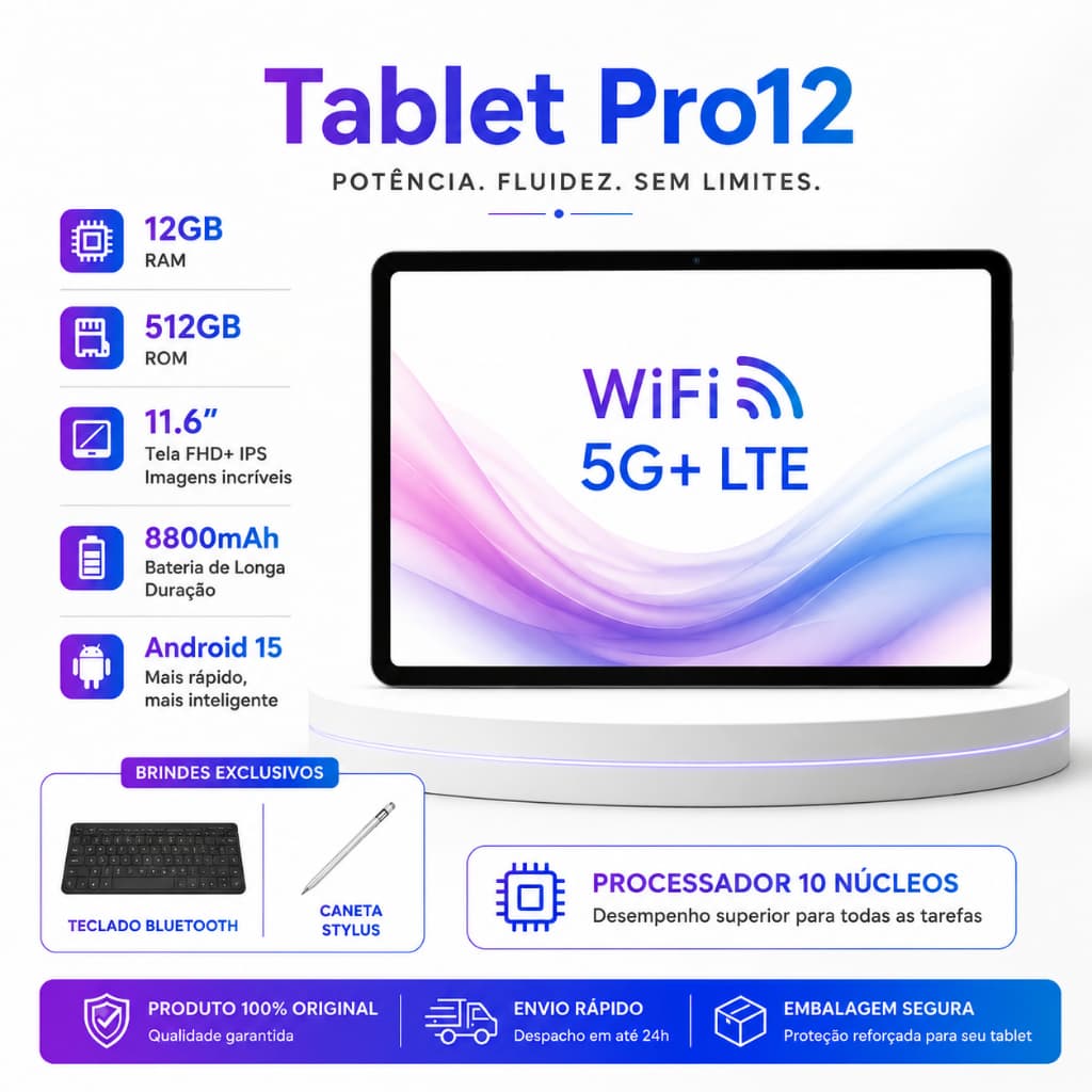Galaxy Pro12 Tablet | 12GB RAM 512GB | 11.6" HD Screen | Android 15 | 5G | Free Keyboard and Mouse