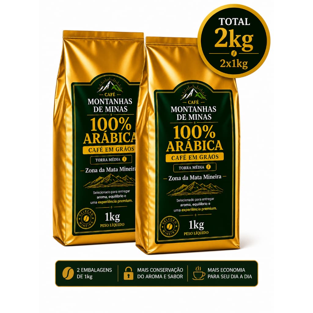 Café 100% Arábica Premium 2kg (2x1kg) Em Grãos e Moído Torra Média Zona da Mata Mineira Montanhas de Minas
