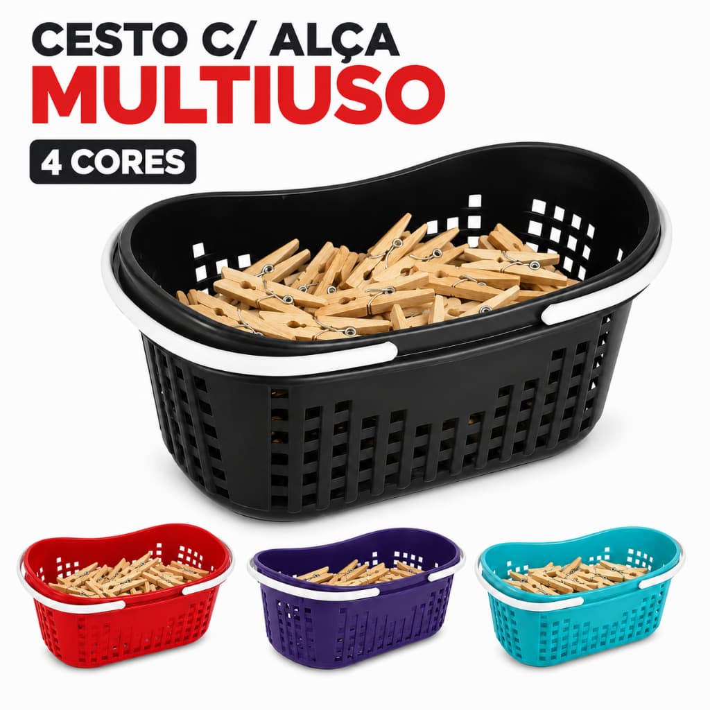 Cesto C/ Alça Plástico Resistente Multiuso Prendedor de Roupa Copa Casa Banheiro Lavanderia