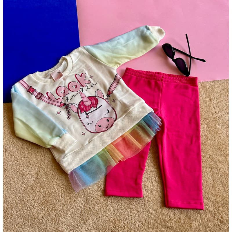 Conjunto Unicórnio Infantil Bebê Menina / Calça Rosa Moletom / Blusa Moletom Unicórnio Colorido