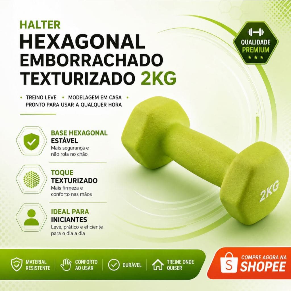 HALTER de 2KG Emborrachado Antiderrapante Cor Verde - Para Treinos em Casa, Ar livre e Academia