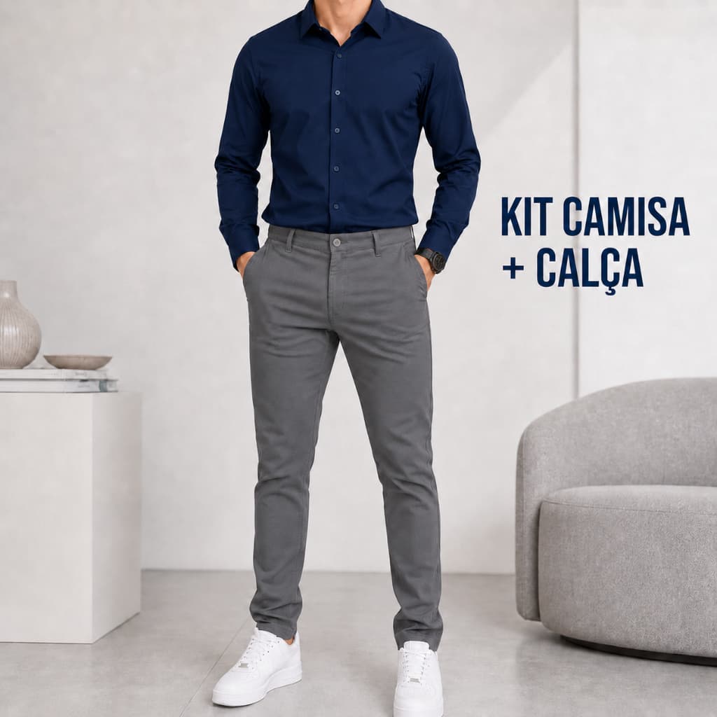 Kit Masculino Camisa Social Manga Longa Lisa + Calça de Sarja Slim – Look Elegante Completo