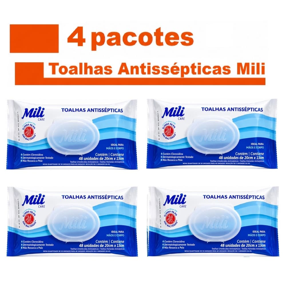 Kit Lenços Umedecidos Toalhas Antissépticas Umedecidas  Mili 4 pacotes total 192 Unidades