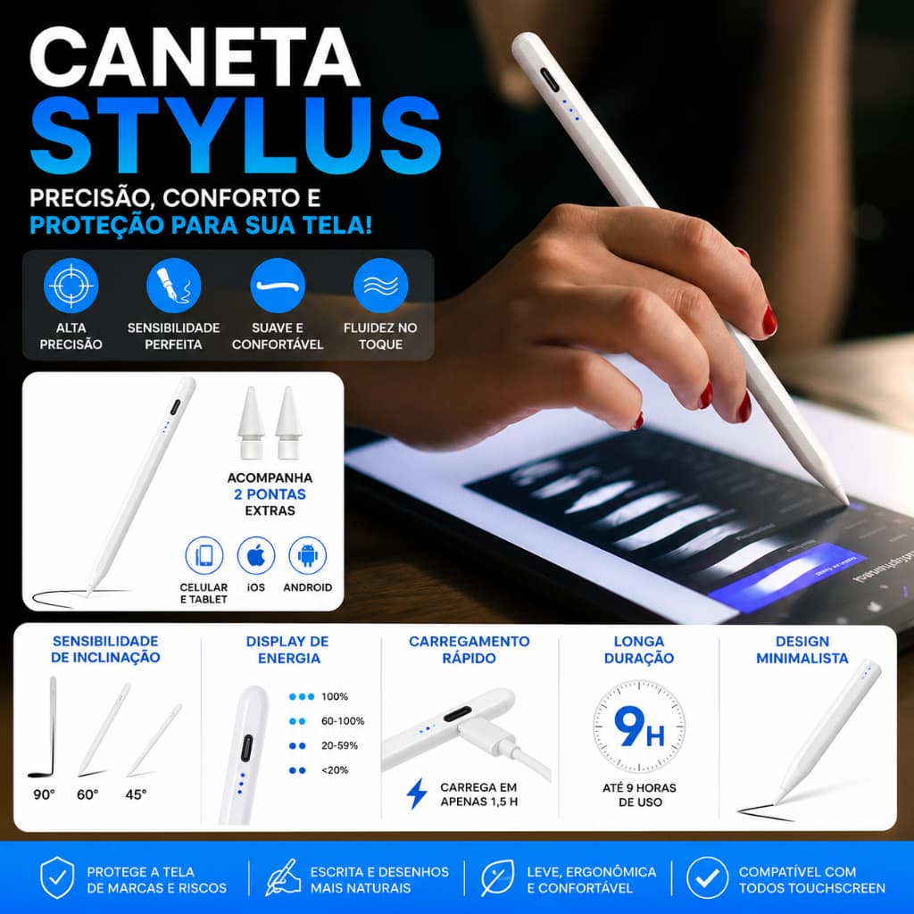 Caneta Touchscreen Stylus Universal Para Celular Tablet iPad Android Alta Precisão Tela Touch Capacitiva