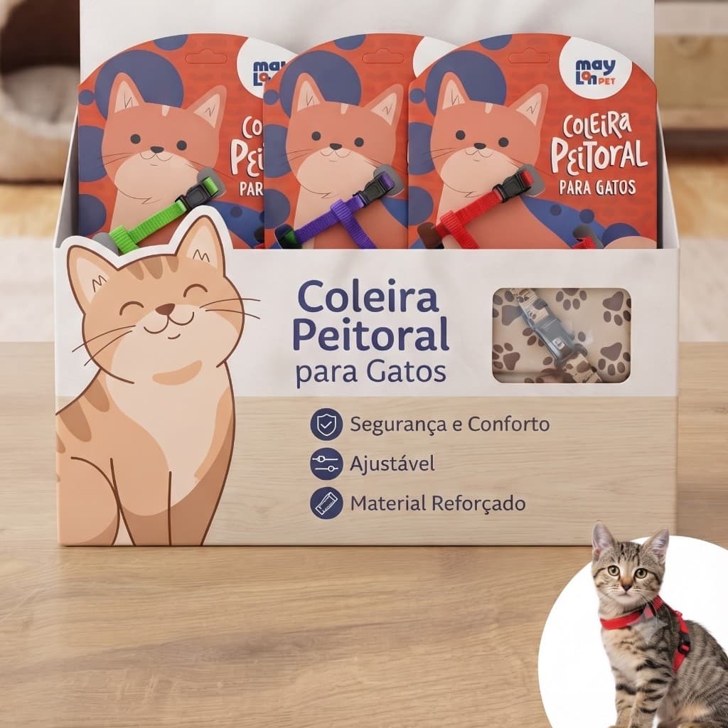 Coleira Guia Peitoral Gato Pet Acessorio Ajustavel Guia Gatinho