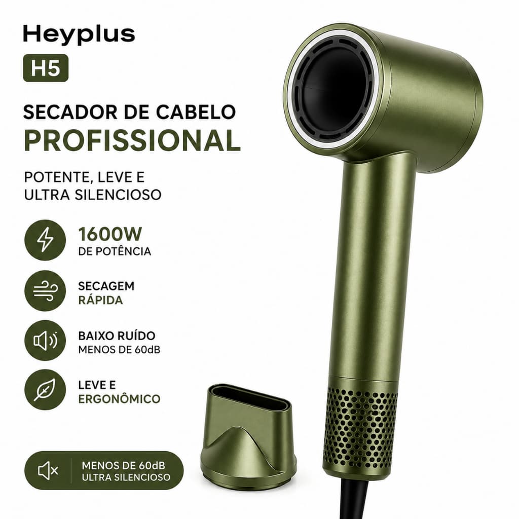 Secador de Cabelo Profissional Heyplus A5 1600W Potente, Leve, Silencioso e com Bico 220v verde oliva Magnético