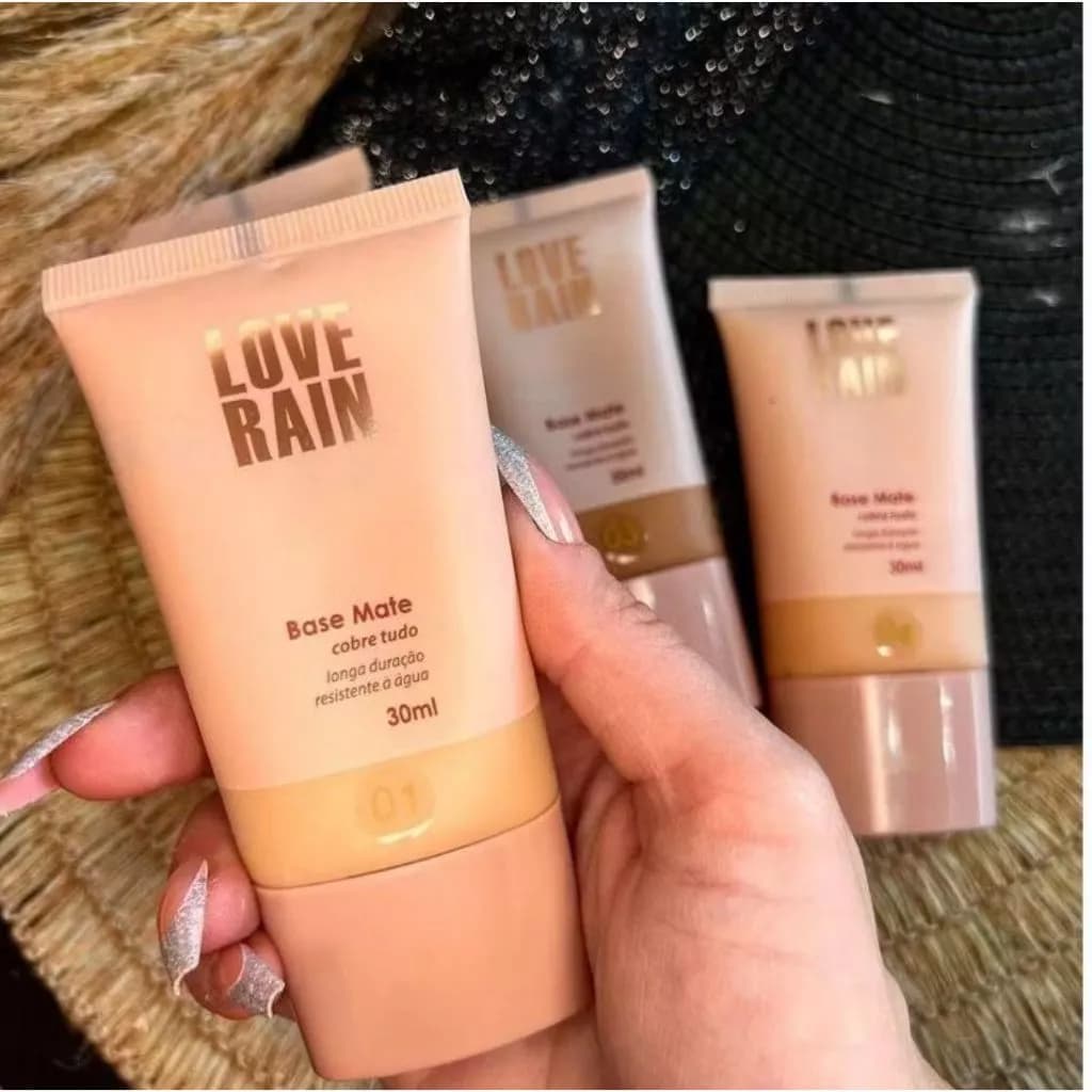 Base Líquida Matte Love Rain – Alta Cobertura, À Prova D’Água e Longa Duração Cobre Tudo 30ML