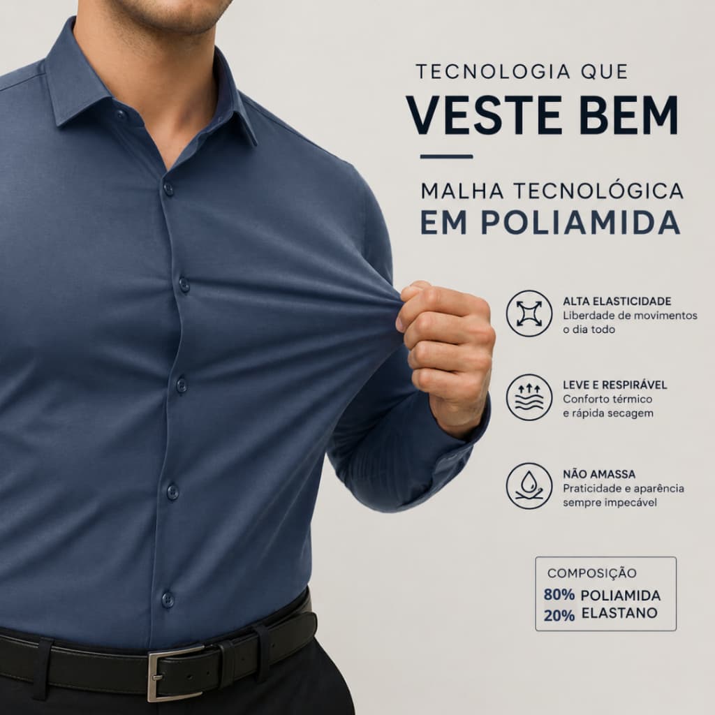 Camisa Social Masculina Slim Fit Ultra Tech de Luxo Poliamida com Elastano Não Amassa Confortável Elegante