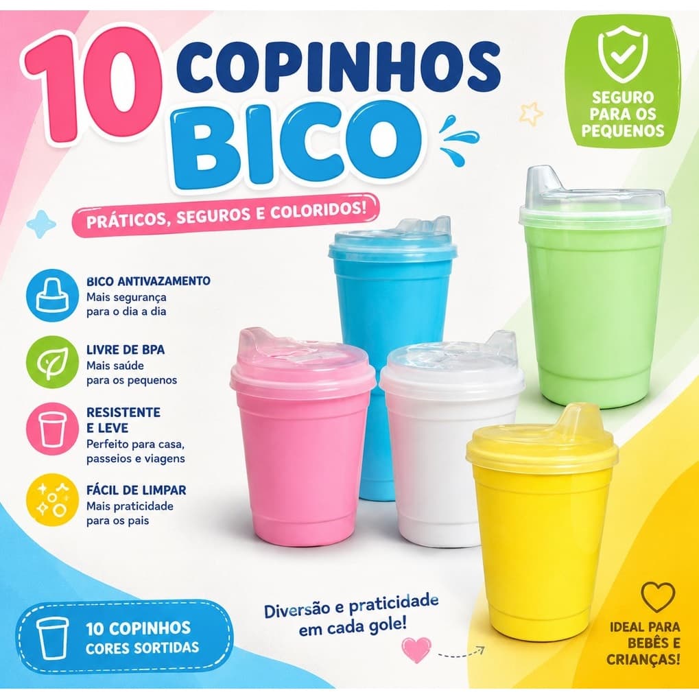 10 COPINHOS BABY INFANTIL PLÁSTICO 250 ML COM TAMPA BICO BPA FREE BEBÊ KIT COPO KIDS ESCOLA CRECHE MAMADEIRA