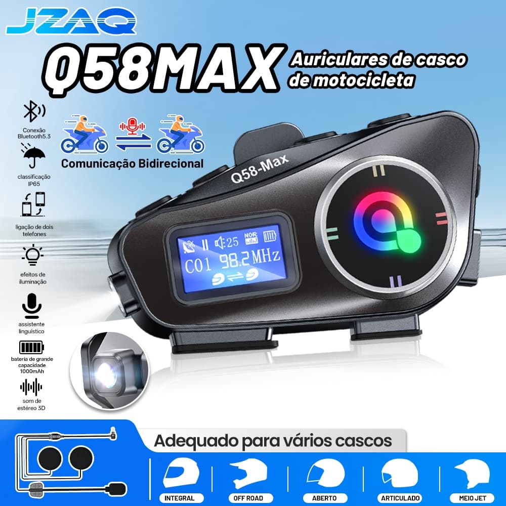 JZAQ Q58-MAX Fone Bluetooth para Capacete, Tela LCD, Rádio FM, Som Alto IP67 Impermeável, Intercom para 2 Usuários