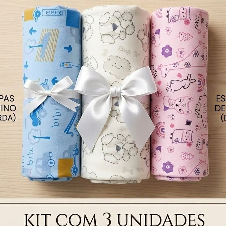 Kit Cueiro Bebê Flanelado 100% Algodão 80x50 Multiuso Enxoval Recém-Nascido