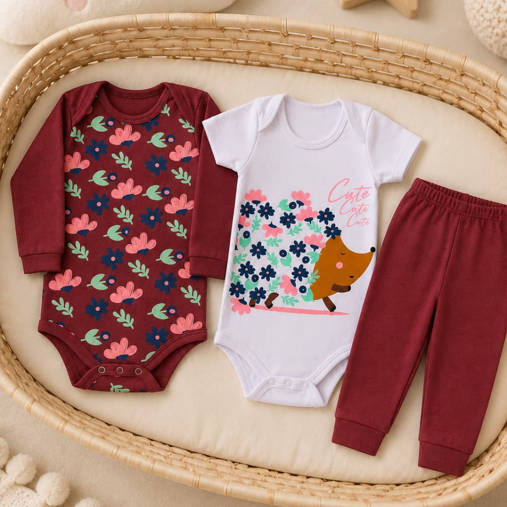 Kit Roupa de Bebê 3 Peças Conjunto Body Bebê Menina Manga Longa + Manga Curta + Calça Algodão