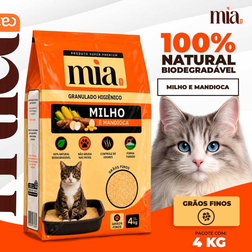 Areia Sanitária Biodegradavel Milho e Mandioca Mia Cat Granulado Higiênico 100% Natural