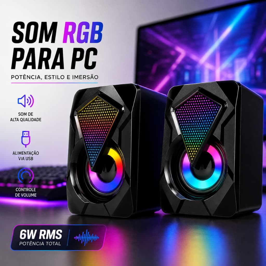 Caixa de Som Gamer RGB 6W para PC Notebook USB P2 Som Estéreo Plug and Play com Iluminação LED