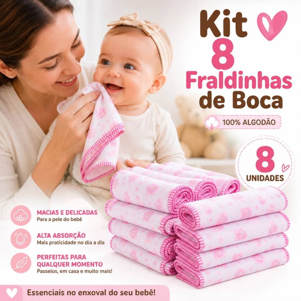 Kit 8 Fraldinhas de Boca Bebê 100% Algodão Estampadas 35x35cm Paninho de Boca Enxoval Menino Menina
