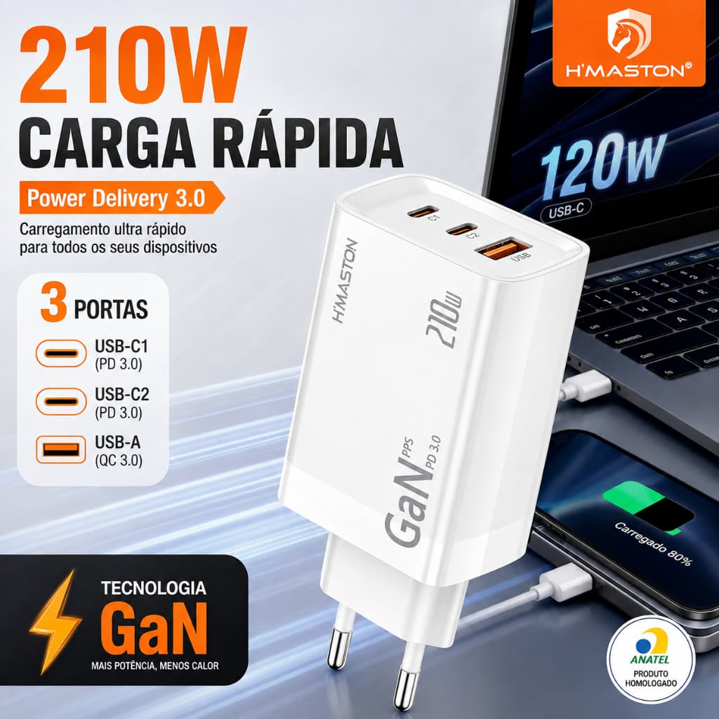 Carregador GaN 210W Turbo 3 Portas USB-C USB PD 3.0 PPS Carregamento Rápido Notebook Celular