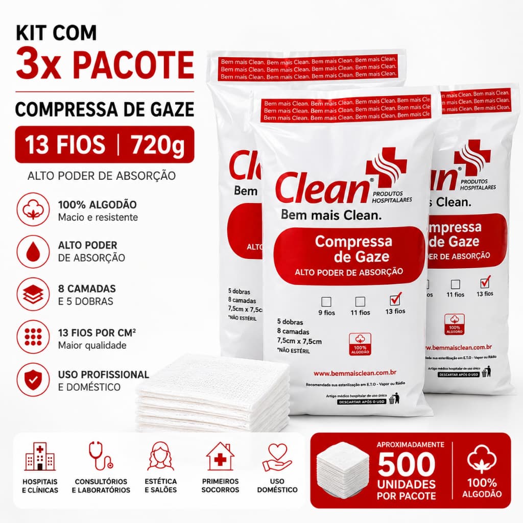 Kit 3x Pacotes Compressa de Gaze 13 Fios Hidrófila 1500 Unidades ou 720g Curativo Hospitalar
