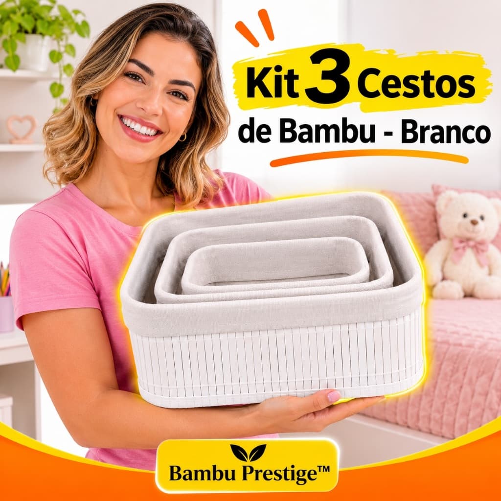 Cestos Organizadores de Bambu Branco | 3 Cestos Organizador Multiuso para Casa, Quarto, Banheiro e Cozinha