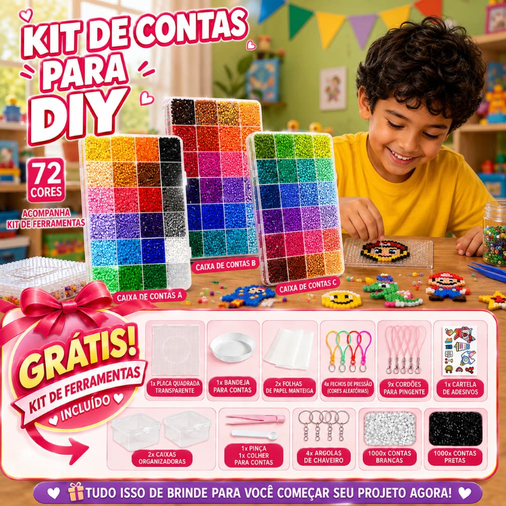 Kit DIY Perler Beads 72 Cores com 30.000 Peças e Caixa Organizadora com Ferramentas